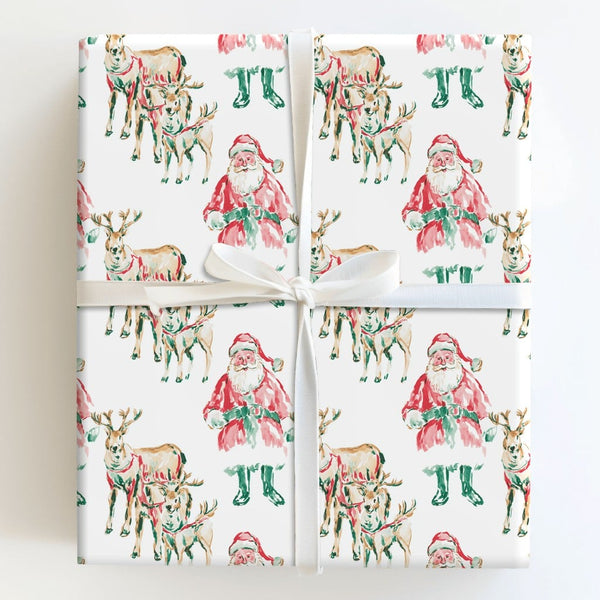 Watercolor Christmas Gift Wrap, Santa and Reindeer Wrapping Paper, Retro Santa Holiday Wrapping Paper, Traditional Christmas 