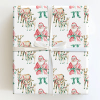 Watercolor Christmas Gift Wrap, Santa and Reindeer Wrapping Paper, Retro Santa Holiday Wrapping Paper, Traditional Christmas Wrapping Paper