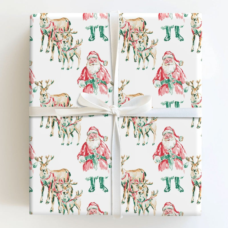 Watercolor Christmas Gift Wrap, Santa and Reindeer Wrapping Paper, Retro Santa Holiday Wrapping Paper, Traditional Christmas Wrapping Paper