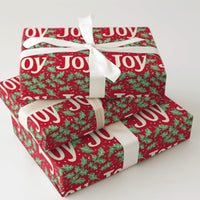 Red Holly Berry Gift Wrap, JOY Christmas Wrapping Paper, Festive Holiday Wrapping Paper, Xmas Gift Wrap Roll, Winter Present Wrapping Paper