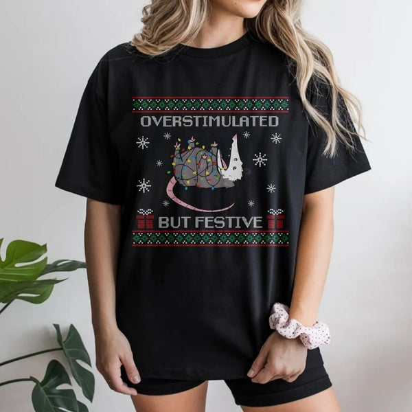 Humorous Christmas Holiday Possum Shirt, Overstimulated but Festive Possum T-Shirt, Retro Possum Graphic Tee, Animal Meme Lov