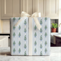 Blue and White Topiary Gift Wrap, Chinoiserie Christmas Tree Wrapping Paper, Grandmillennial Wrapping Paper, Holiday Striped Wrapping Paper