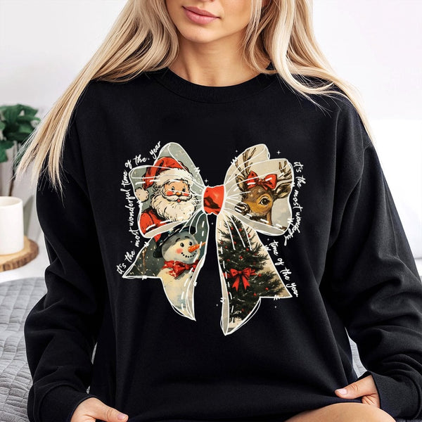 Vintage Santa Reindeer Crewneck, Christmas Coquette Bow Sweatshirt, Retro Holiday Coquette Pullover, Adorable Christmas Sweat