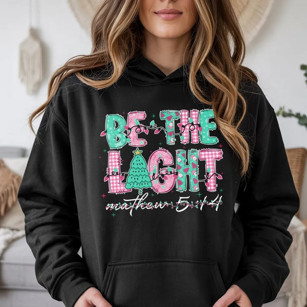 14 Hoodie, Be the Light Matthew 5, Christian Christmas Hooded Sweatshirt, Pink Green Plaid Holiday Pullover, Faith Present fo
