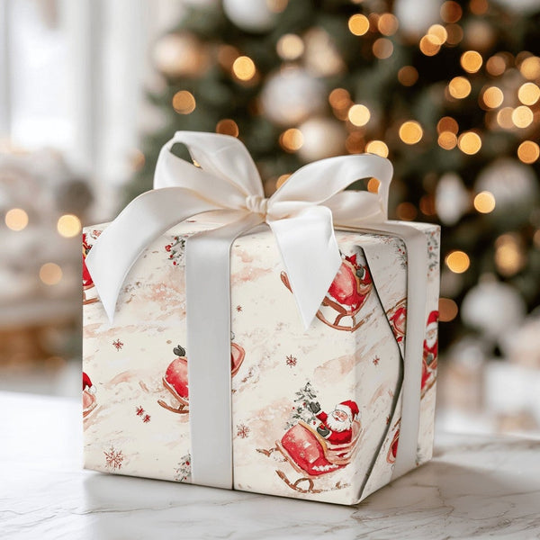 Sleigh Ride Christmas Gift Wrap, Watercolor Santa Wrapping Paper, Winter Holiday Present Wrapping Paper, Traditional Santa Sl