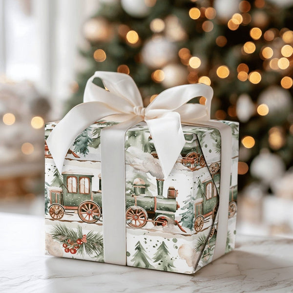 Snowy Pine Tree Holiday Gift Wrap Roll, Vintage Green Train Christmas Wrapping Paper, Retro Winter Present Paper, Kids Xmas G