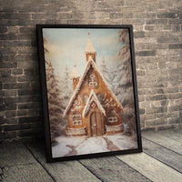 Snowy Gingerbread Winter Print, Gingerbread House Church Wall Art, Gingerbread Landscape Poster, Christmas Digital Download, Holiday Decor