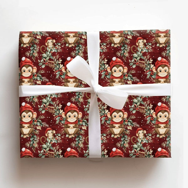 Adorable Santa Hat Monkey Gift Wrap, Christmas Monkey Wrapping Paper, Festive Winter Animal Wrapping Paper, Holiday Gift Wrap