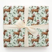 Equestrian Santa Hat Gift Wrap, Brown Horse Christmas Wrapping Paper, Watercolor Winter Horse Wrapping Paper, Green Holiday Horse Gift Wrap