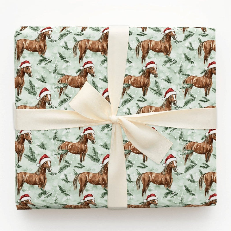 Equestrian Santa Hat Gift Wrap, Brown Horse Christmas Wrapping Paper, Watercolor Winter Horse Wrapping Paper, Green Holiday Horse Gift Wrap