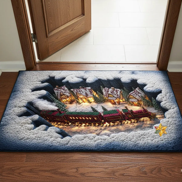 Snowy Village Welcome Mat, Christmas Express Train Doormat, Vintage Winter Holiday Entryway Mat, Festive Christmas Porch Door