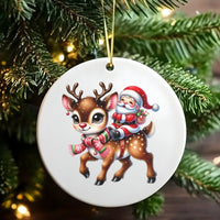 Adorable Holiday Ceramic Keepsake, Santa Riding Reindeer Christmas Ornament, Whimsical Xmas Tree Hanging Decor, Fun Stocking Stuffer for Kids