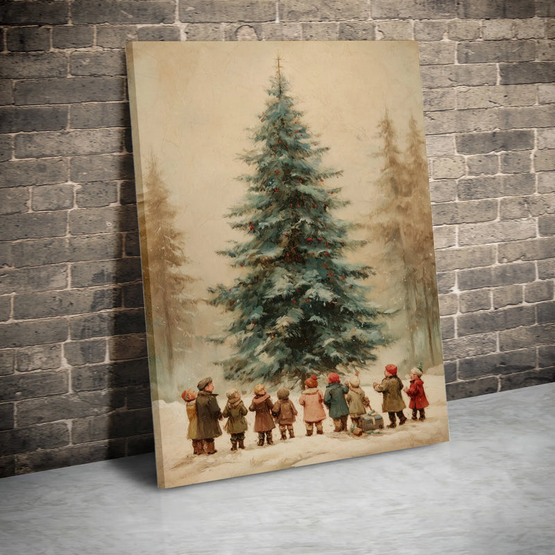 Children Snow Scene Canvas Print, Vintage Christmas Tree Canvas Wall Art, Retro Holiday Tree Canvas, Winter Wall Decor, Christmas Home Present