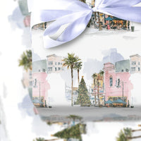 Tropical Palm Tree Gift Wrap, Coastal Christmas Wrapping Paper, Watercolor Cityscape Wrapping Paper, Warm Holiday Season Wrapping Paper