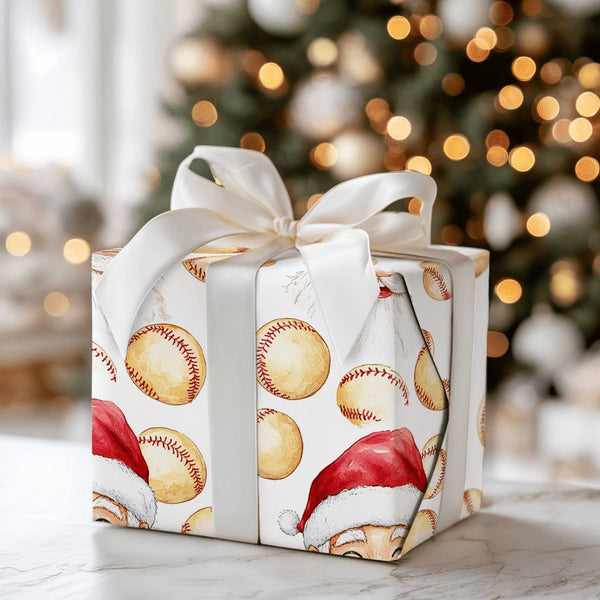 Baseball Christmas Gift Wrap, Watercolor Baseball Santa Wrapping Paper, Santa Head Holiday Wrapping Paper, Baseball Player Xm