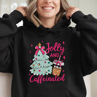 Christmas Coffee Lover Hoodie, Jolly and Caffeinated Hoodie, Adorable Holiday Coffee Pullover, Comfy Xmas Coffee Hoodie, Winter Coffee Sweatshirt