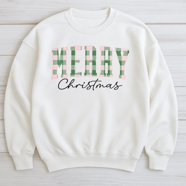 Green Buffalo Plaid Holiday Sweater, Merry Christmas Sweatshirt, Vintage Xmas Lettering Crewneck, Family Winter Pullover