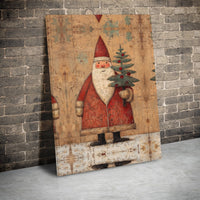 Distressed Christmas Tree Canvas Wall Art, Rustic Folk Art Santa Canvas Print, Vintage Santa Canvas Art, Holiday Winter Home Decor Present
