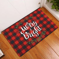 Buffalo Plaid Welcome Mat, Merry and Bright Wreath Christmas Doormat, Holiday Front Door Mat, Winter Porch Entry Rug, Xmas Home Decor