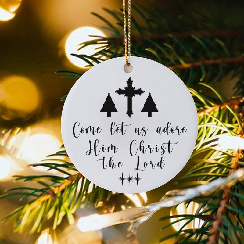 Religious Christmas Ornament, Come Let Us Adore Him Ornament, Christian Cross Holiday Decor, Glossy Ceramic Keepsake Ornament, Church Present
