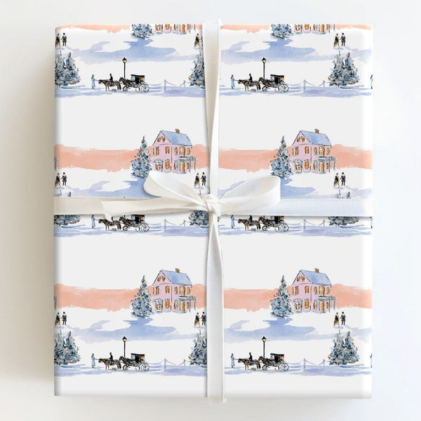 Watercolor Horse Carriage Gift Wrap, Victorian Winter Village Wrapping Paper, Vintage Holiday Wrapping Paper, Christmas Villa
