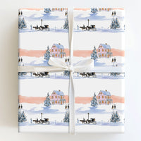 Watercolor Horse Carriage Gift Wrap, Victorian Winter Village Wrapping Paper, Vintage Holiday Wrapping Paper, Christmas Village Gift Wrap