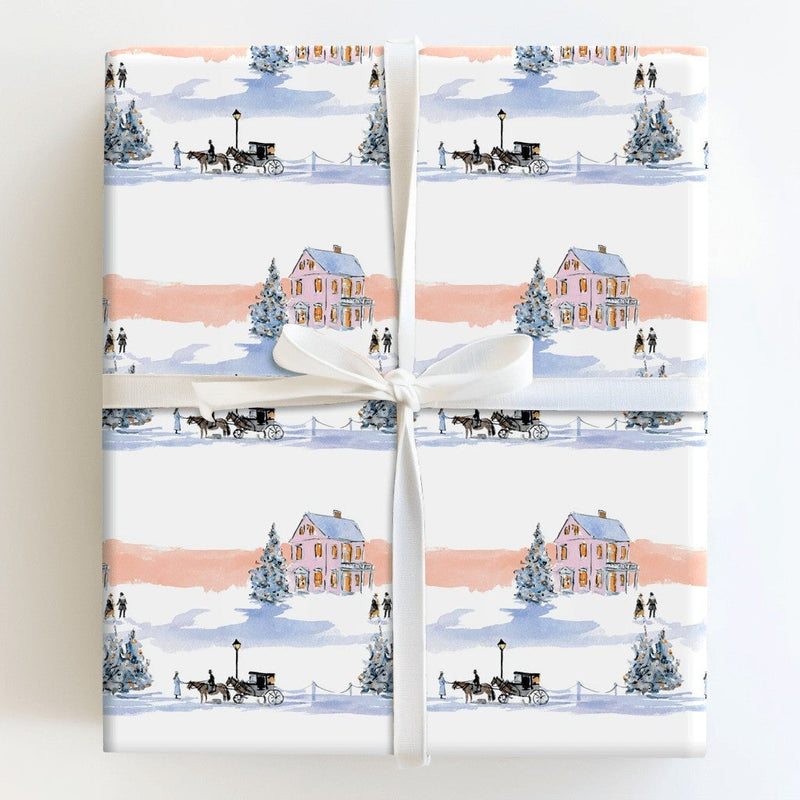 Watercolor Horse Carriage Gift Wrap, Victorian Winter Village Wrapping Paper, Vintage Holiday Wrapping Paper, Christmas Village Gift Wrap