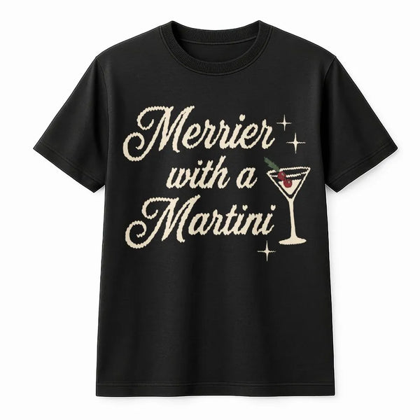 Retro Christmas Cocktail Graphic Tee, Merrier with a Martini Shirt, Humorous Holiday Drinking T-Shirt, Vintage Xmas Party Gra