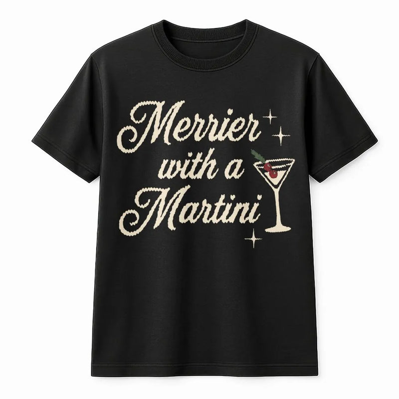 Retro Christmas Cocktail Graphic Tee, Merrier with a Martini Shirt, Humorous Holiday Drinking T-Shirt, Vintage Xmas Party Graphic T-Shirt