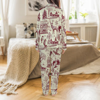 Deer Cabin Christmas Pajama Set, Winter Toile Satin Pajamas, Comfy Holiday Sleepwear, Rustic Forest Long Sleeve Pajama Set, Xmas Present for Her