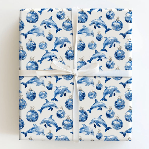 Blue Ornament Holiday Gift Wrap, Coastal Christmas Dolphin Wrapping Paper, Ocean Animal Wrapping Paper, Nautical Xmas Gift Wr