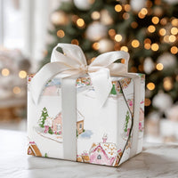 Watercolor Christmas Village Wrapping Paper, Pink Gingerbread House Gift Wrap, Sweet Holiday Village Gift Wrapping Paper, Adorable Present Wrap