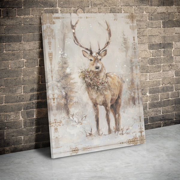 Snowy Forest Stag Wall Art, Rustic Winter Deer Digital Download, Holly Wreath Canvas Print, Farmhouse Holiday Christmas Print