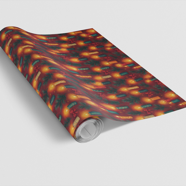 Red and Gold Holiday Gift Wrap, Candlelight Christmas Wrapping Paper, Festive Pine Candle Present Wrap, Winter Xmas Gift Wrap