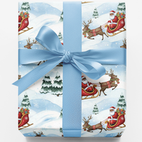 Holiday Sleigh Gift Wrap, Watercolor Santa Sleigh Wrapping Paper, Adorable Christmas Wrapping Paper, Xmas Gift Wrap Roll, Family Holiday Paper