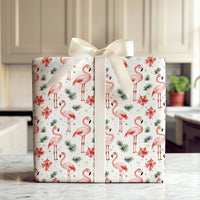 Flamingo Poinsettia Gift Wrap, Tropical Christmas Wrapping Paper, Pink Flamingo Holiday Wrapping Paper, Festive Winter Gift Wrap Roll