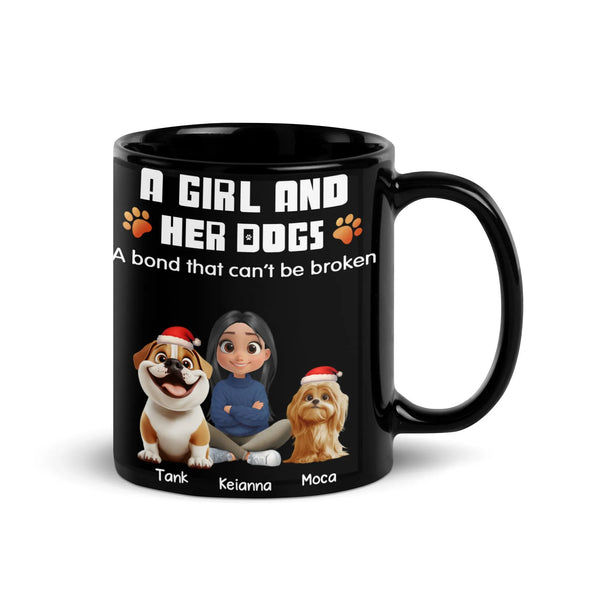 Cartoon Girl and Dogs Ceramic Coffee Mug, Personalized Dog Mom Christmas Mug, Holiday Pet Lover Tea Cup, Adorable Custom Dog 