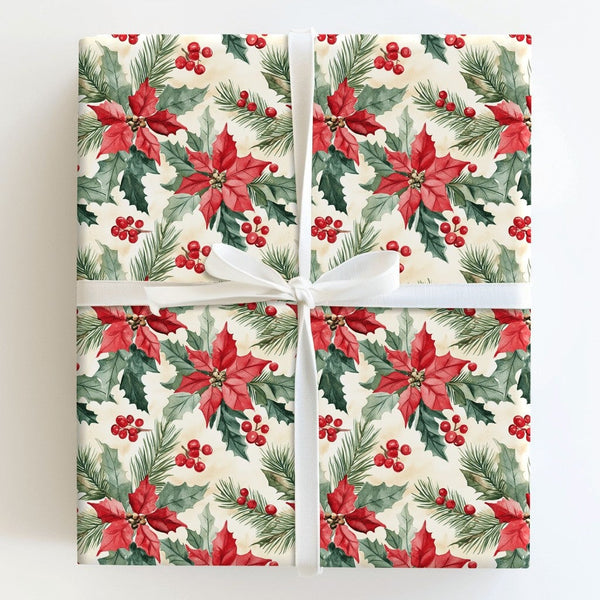 Christmas Pine Botanical Gift Wrap, Watercolor Poinsettia Wrapping Paper, Red Holly Berry Wrapping Paper, Traditional Holiday