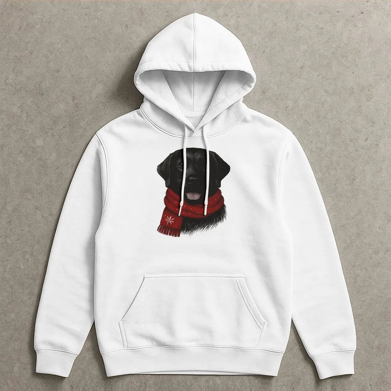 Adorable Dog Red Scarf Hoodie, Black Labrador Christmas Hoodie, Festive Pet Lover Sweatshirt, Black Lab Hooded Sweatshirt, Winter Dog Mom Present