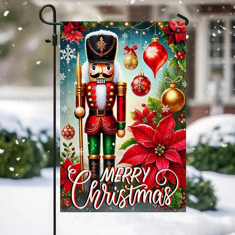 Poinsettia and Ornaments Yard Flag, Christmas Nutcracker Garden Flag, Double Sided Holiday Winter Lawn Flag, Festive Yard Art Present
