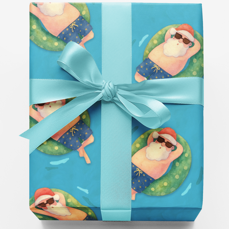 Summer Beach Pool Party Gift Wrap Roll, Tropical Santa Wrapping Paper, Coastal Christmas Wrapping Paper, Festive Holiday Present Wrap Roll