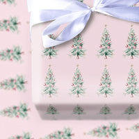 Pastel Pink Christmas Tree Gift Wrap, Watercolor Christmas Tree Wrapping Paper, Chic Holiday Wrapping Paper, Retro Xmas Tree Wrapping Paper