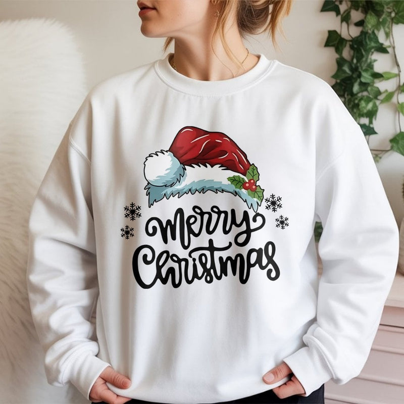 Merry Christmas Crewneck, Santa Hat Holly Christmas Sweatshirt, Festive Holly Graphic Sweater, Comfy Winter Holiday Sweatshirt Present