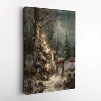 Winter Forest Fawn Wall Art, Christmas Deer Digital Download, Vintage Lit Tree Canvas Wall Art, Holiday Nature Lover Printable Wall Art