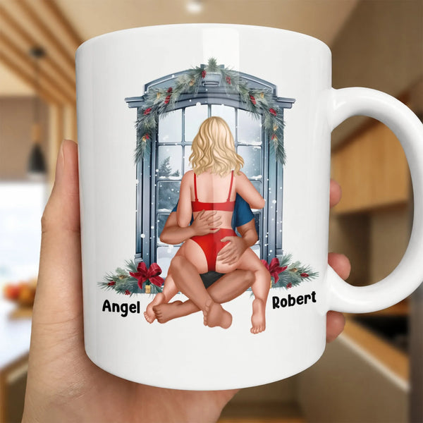 Romantic Christmas Window Ceramic Mug, Personalized Couple Mug, Holiday Couple Coffee Cup, Custom Anniversary Present for Hus
