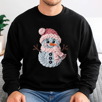 Yarn Knit Texture Graphic Holiday Sweater, Adorable Snowman Sweatshirt, Comfy Christmas Crewneck, Winter Season Aesthetic Pullover