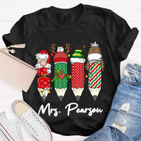 Custom Name Holiday School Graphic Tee, Personalized Christmas Pencils T-Shirt, Teacher and Student Festive Xmas Shirt