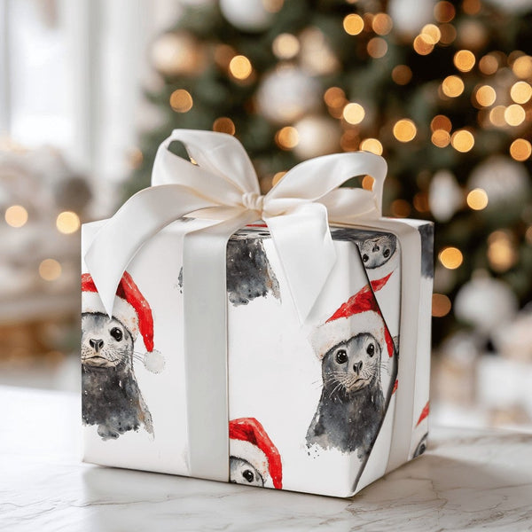Santa Hat Pup Holiday Gift Wrap, Baby Seal Christmas Wrapping Paper, Adorable Winter Animal Wrapping Paper, Festive Ocean The