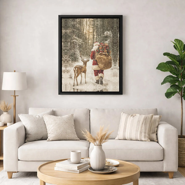 Snowy Winter Forest Canvas Print, Santa Claus and Reindeer Canvas Wall Art, Vintage Holiday Canvas Decor, Christmas Wall Art,