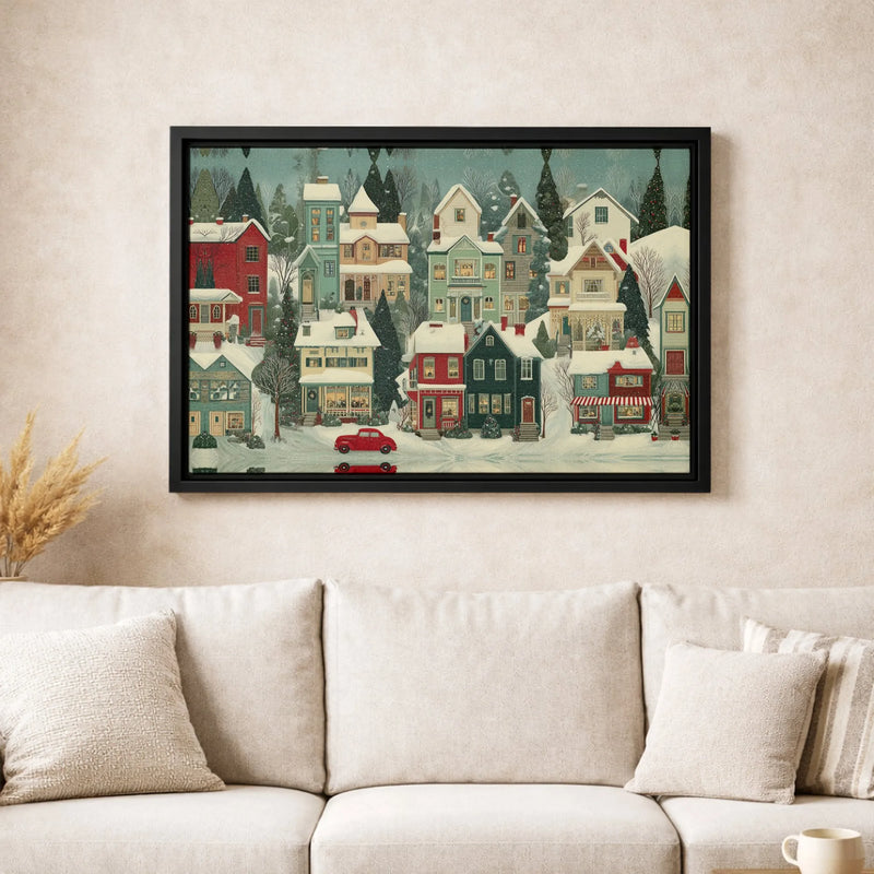Comfy Winter Snow Scene Red Car Canvas Art, Christmas Village Canvas Print, Holiday Season Wall Art, Rustic Xmas Decor, Winter Canvas Present